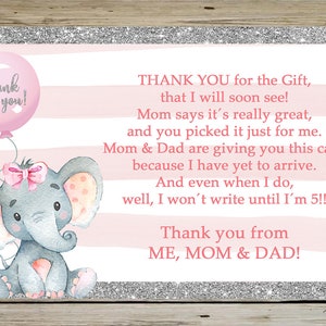 Tarjeta de agradecimiento de baby shower de elefante rosa y globo, baby shower de niña elefante, descarga instantánea, imprimible digital, rosa y plata.