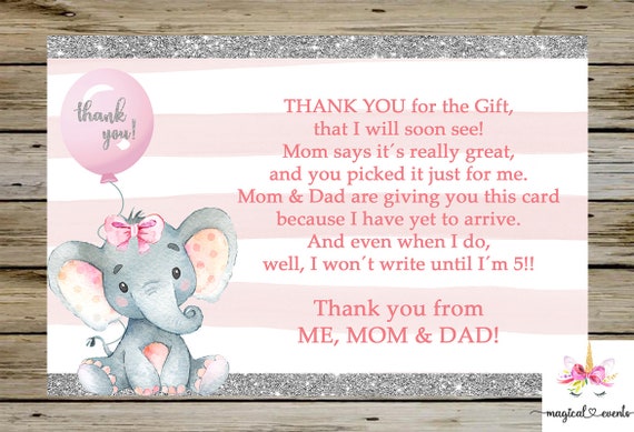 Pink Elephant and Balloon Baby Shower Thank You Card, Girl