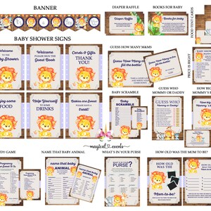 Leeuw baby shower spellen borden en kaarten bundel, jongen leeuw spellen borden en kaarten pakket, blauw en bruin hout, leeuw spellen borden en kaarten pakket.