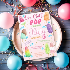 Lets chill, pop on over, popsicles 5th birthday invitation, girl birthday invite, digital printable, ice cream birthday invitation, ANY AGE.