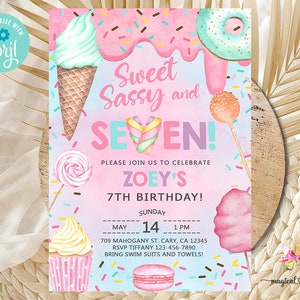 Candy SWEET SASSY and SEVEN girl birthday invitation, birthday invite, cotton candy sweets donut ice cream cupcake, corjl digital printable.