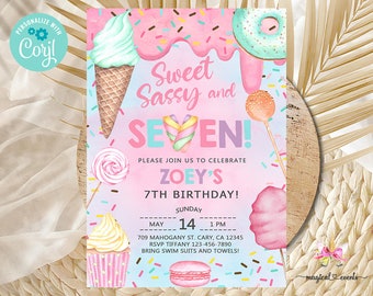 Candy SWEET SASSY and SEVEN girl birthday invitation, birthday invite, cotton candy sweets donut ice cream cupcake, corjl digital printable.