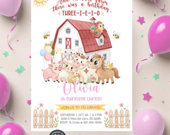 Farm birthday three-i-e-i-o, farm girl 3rd third birthday invitation, girl cute farm animals birthday invite, corjl digital printable.