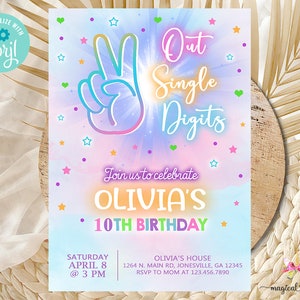 Tie Dye out single digits girl 10th birthday invitation, pastel colors invite, corjl digital printable, tie-dye, girl tenth 10th birthday.