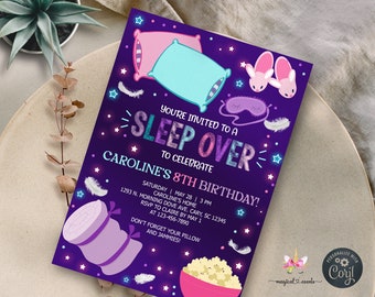 Sleep over, sleepover girl birthday invitation, pillows popcorn sleepers birthday invite, corjl digital printable,  slumber pajama party.