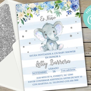 Blue elephant baby shower uitnodiging, jongen babyshower uitnodiging, zilveren glitter, digitaal printable, corjl bewerkbaar, es niño, Español, Spaans.