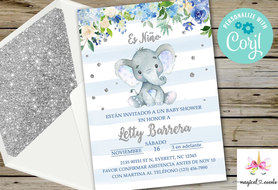 Blue elephant baby shower invitation, boy baby shower invite, silver glitter, digital printable, corjl editable, es niño, Español, Spanish.