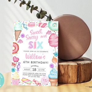 Sweet sassy and six girl 6th birthday invitation, birthday invite, cotton candy sweets donut icing sprinkles, corjl digital printable, white