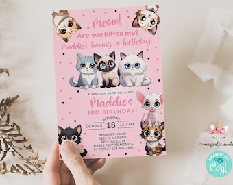 Invito di compleanno per bambina con gatto miagolante, invito di compleanno per bambina con gattino, corjl stampabile digitale, gattini, gattini, compleanno per bambina.
