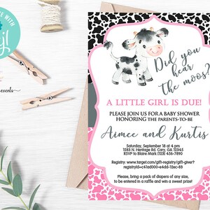 Pink cow baby shower invitation, girl shower invite, digital printable, did you hear the moos a little girl is due, black & pink cow print.