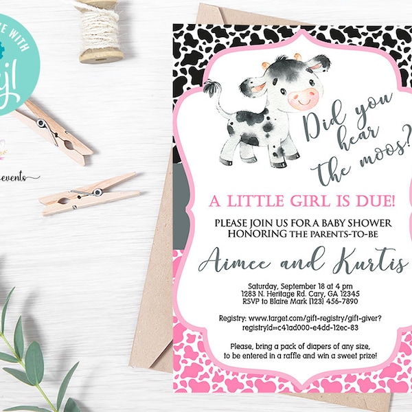 Pink cow baby shower invitation, girl shower invite, digital printable, did you hear the moos a little girl is due, black & pink cow print.