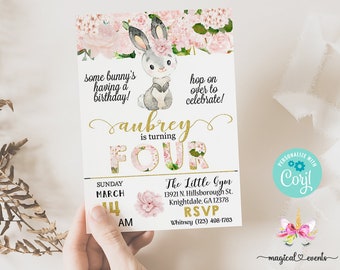 Some bunny girl birthday invitation, white bunny pink flowers birthday invite, corjl digital printable, hop on over to celebrate, Easter.