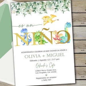 Dinosaurs baby shower invitation, boy dinosaur invite, digital printable, eucalyptus leaves gold, corjl editable, español spanish, es niño.