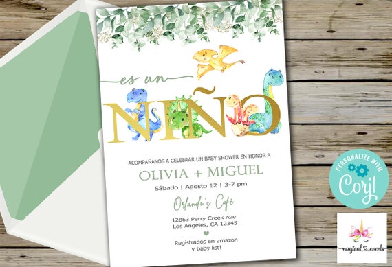 Dinosaurs baby shower invitation, boy dinosaur invite, digital printable, eucalyptus leaves gold, corjl editable, español spanish, es niño.
