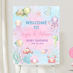 16x20 Sea / Ocean Life baby shower welcome sign, girl baby shower welcome sign, sea ocean animals girl baby shower welcome sign, pastels.