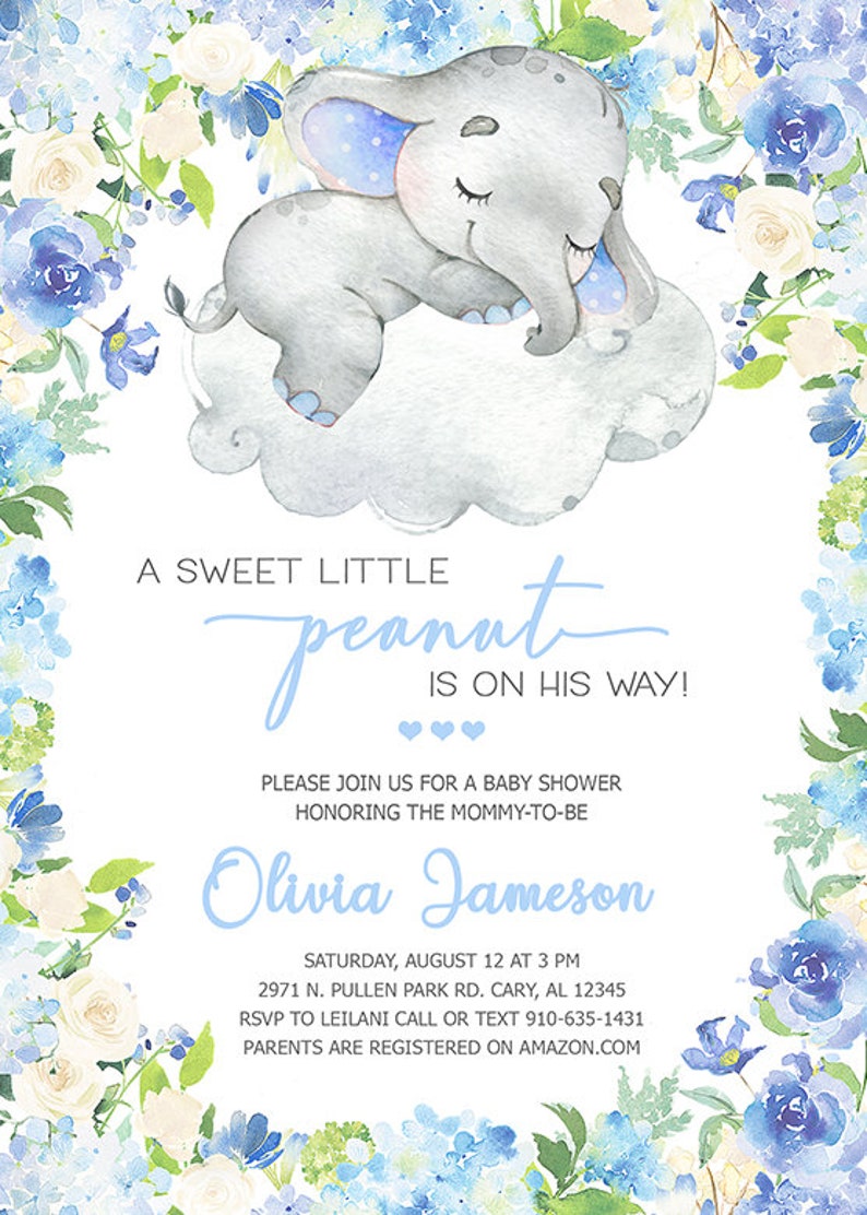 Blue Flowers Elephant Baby Shower Invitation Boy Baby Shower Etsy