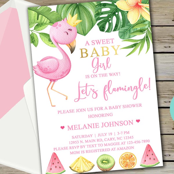 Flamingo lets flamingle baby shower invitation, girl summer invite, digital printable, instant download, corjl editable, pink flamingo crown