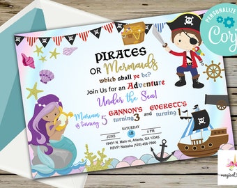 Siblings pirate mermaid birthday invitation, three 3 siblings birthday invite, digital printable, which shall ye be? under the sea, corjl.