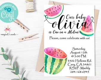 One in a melon 1st birthday invitation, Sweet One, girl birthday invite, girl watermelon invite, corjl digital printable, watermelon, melon.