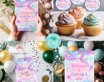 Sea mermaid tail girl birthday bundle, any age, invitation invite cupcake toppers thank you tags welcome sign, corjl digital printable.