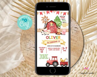 Farm animals birthday cell phone invite, red farm birthday phone invitation electronic invite, corjl digital printable, gender neutral evite