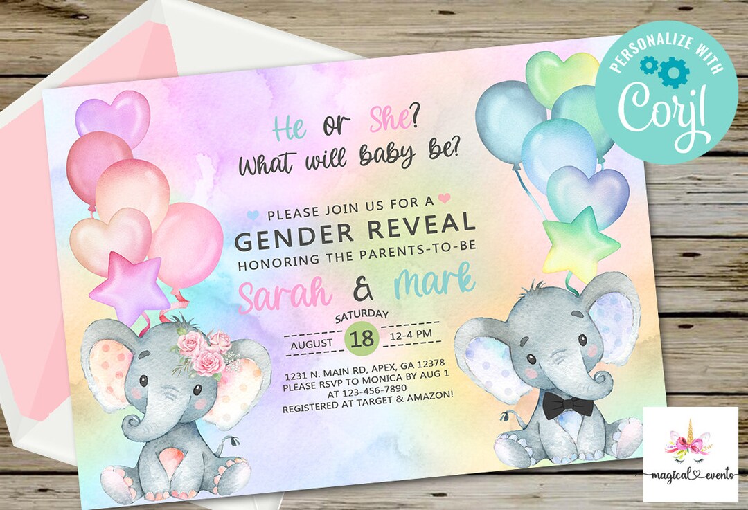 Elephants Gender Reveal Invitation, Invite, He or She, What Will Baby Be, Digital Printable