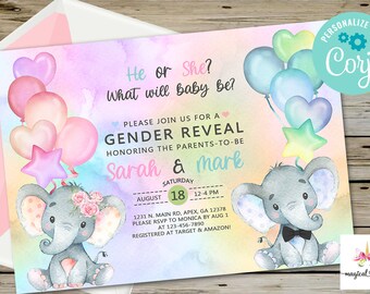 Elephants gender reveal invitation, invite, he or she, what will baby be, digital printable, watercolor background balloons, corjl editable.