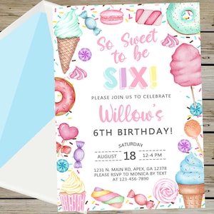 Candy sweet to be six girl birthday invitation, birthday invite, cotton candy sweets donut icing sprinkles cupcake, corjl digital printable.