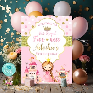 Signo de bienvenida del quinto cumpleaños de la princesa de 18x24, su quinto cumpleaños de la niña real de cinco años, imprimible digital corjl, signo de bienvenida del cumpleaños de la princesa.
