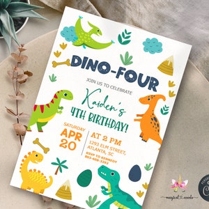 Dinosaurs DINO FOUR boy 4th birthday invitation, dinosaur dinos boy birthday invite, corjl digital printable, dino-four boy dino dinosaurs.
