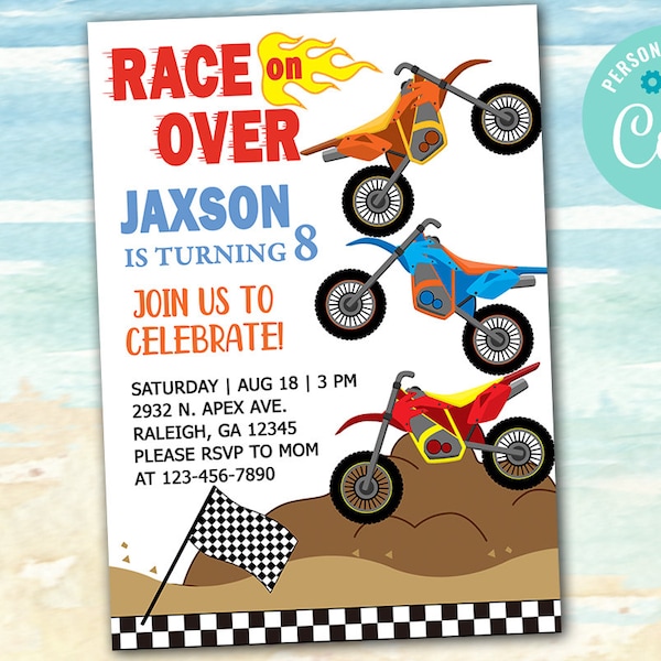 Motorcycles boy birthday invitation, motorcycles boy birthday invite, digital printable, race on over, mud bike dirt bike, motor cross, race