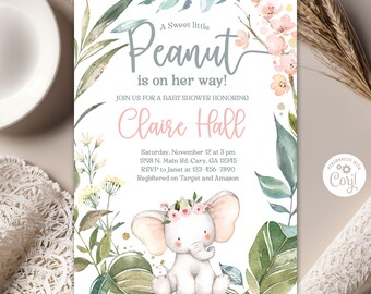 Op de afbeelding: Babyborrel uitnodiging met aquarel bloemen en olifant ontwerp. De uitnodiging luidt "A Sweet little Peanut is on her way!" en bevat details voor Claire Hall's babyborrel.