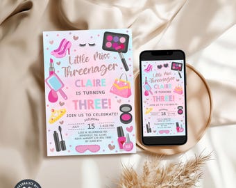 Threenager fashion & makeup girl 3rd third birthday invitation, girl spa make up birthday invite, corjl digital printable,  phone evite.