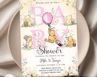 Convite para chá de bebê com tema Ursinho Pooh para menina, chá de bebê rosa com flores, chá de bebê com tema Ursinho Pooh para menina, arquivo digital para impressão em Corjl.