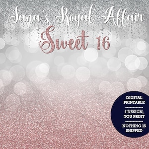 IMAGEN DIGITAL, fondo digital imprimible digital, te diseño imprimir nada se envía, oro rosa y plata Sweet 16 Sixteen telón de fondo.