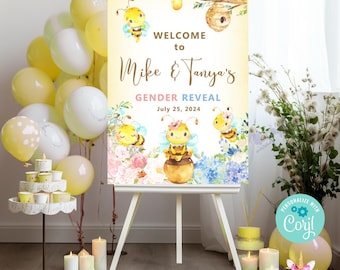 20x30 bee gender reveal welcome sign, gender reveal welcome sign, bumblebee, honeybee, bee gender reveal, bees corjl digital welcome sign.