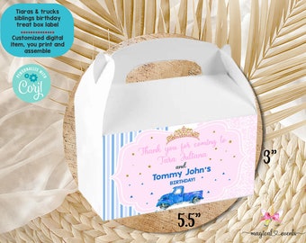 Tiaras and trucks treats box, gable box, favor box, siblings birthday theme, blue truck and pink & gold tiara, customized digital printable.