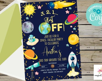 Outer space 3rd trip around the sun birthday invitation, gender neutral birthday invite, digital printable, Houston we have, corjl editable.