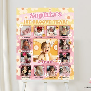 16 x 20 meisje groovy one verjaardag fotobord, groovy one girl 1e verjaardag fotobord, digitaal afdrukbaar, roze oranje madeliefjes smileys.