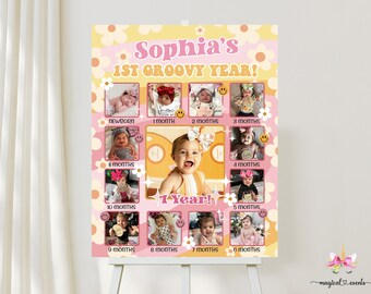 16x20 girl groovy one birthday photo sign, groovy one girl 1st birthday photo sign, digital printable, pink orange daisies smileys.