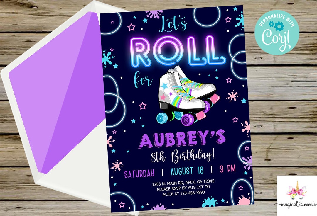 Roller Skating Girl Neon Birthday Invitation, Lets Roll Girl Birthday Invite, Digital Printable