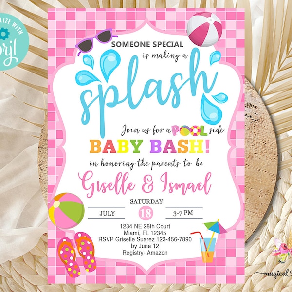 Summer pool baby shower invitation, Pool summer baby shower invite, corjl digital printable, someone is making a splash, baby bash girl pink