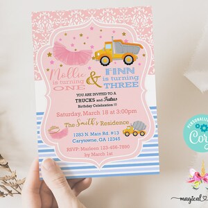 Siblings tutus and construction trucks birthday invitation, boy girl brother sister, corjl digital printable, dump truck and tutu birthday.