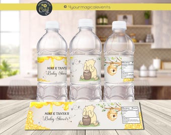 Winnie de Pooh waterfleslabels voor babyshower, bedankjes voor babyshower, digitaal afdrukbaar, gepersonaliseerd bedankje voor babyshower, waterlabel beer.