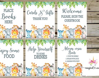 White safari baby shower signs bundle, boy baby shower signs, safari animals signs package, boy white safari, 6 baby boy shower signs.