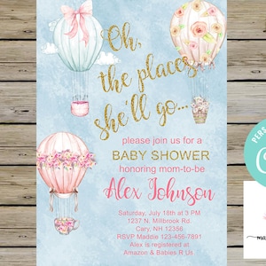 Oh the places shell go hot air balloon baby shower invitation, girl shower invite, digital printable, corjl editable, pink hot air balloons.