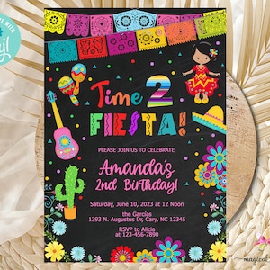 Girl fiesta birthday invitation, girl 2nd second birthday invite, time 2 fiesta, Mexican serape flowers buntings, corjl digital printable.