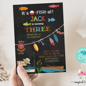 Gone fishing O-fish-al boy birthday invitation, boy birthday invite, corjl digital printable, its ofishal, fishing boy invite, boat baits.