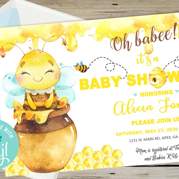 Oh babee bumblebee baby shower invitation, baby shower invite, digital printable, bee baby shower, bees, honeycomb, honey, corjl editable.