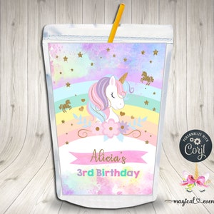 May include: A pink and purple juice box with a unicorn and rainbow design. The text "Alicia's 3rd Birthday" is on the front of the box.